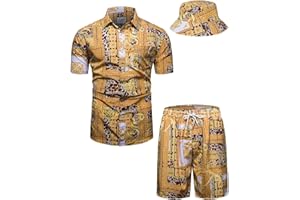 fohemr Mens Luxury Outfit Set Black Gold Shirts and Shorts 2 Piece Tracksuit Set Baroque Button Down Suit with Bucket Hats