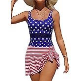 Nillocco Womens One Piece Swim Dress Tummy Control Swimsuits Mesh American Flag Summer Beach Swim Tankini Bathing Suits