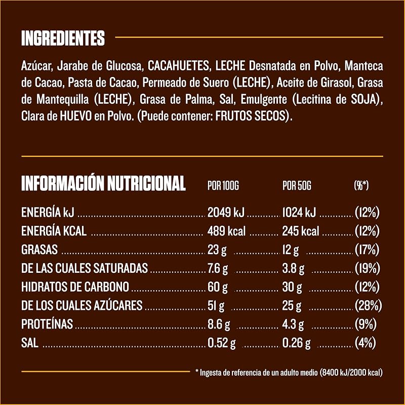 Chocolatina con Crema de Cacahuete, Caramelo y Cacahuete recubiertos de Chocolate con Leche (24 x 50g)