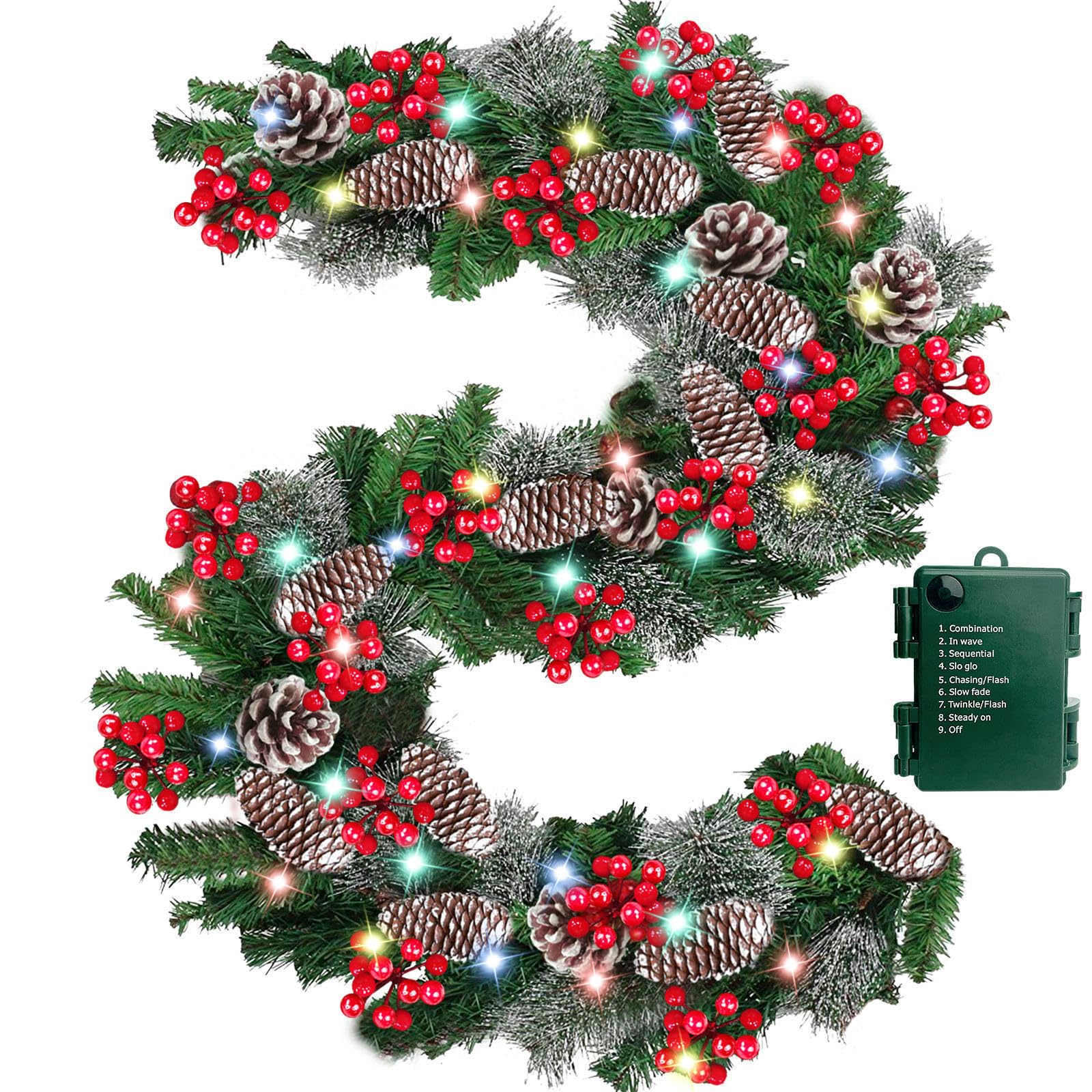 Photo 1 of Timer - 9Ft by 10 Inch Prelit Christmas Garland with 50 Colorful Lights, Thick 270 Snowy Tips 70 Red Berry 10 Pinecone Battery Operated 8 Mode Real Touch Cedar Valentines Garland Mantle Indoor Outdoor
