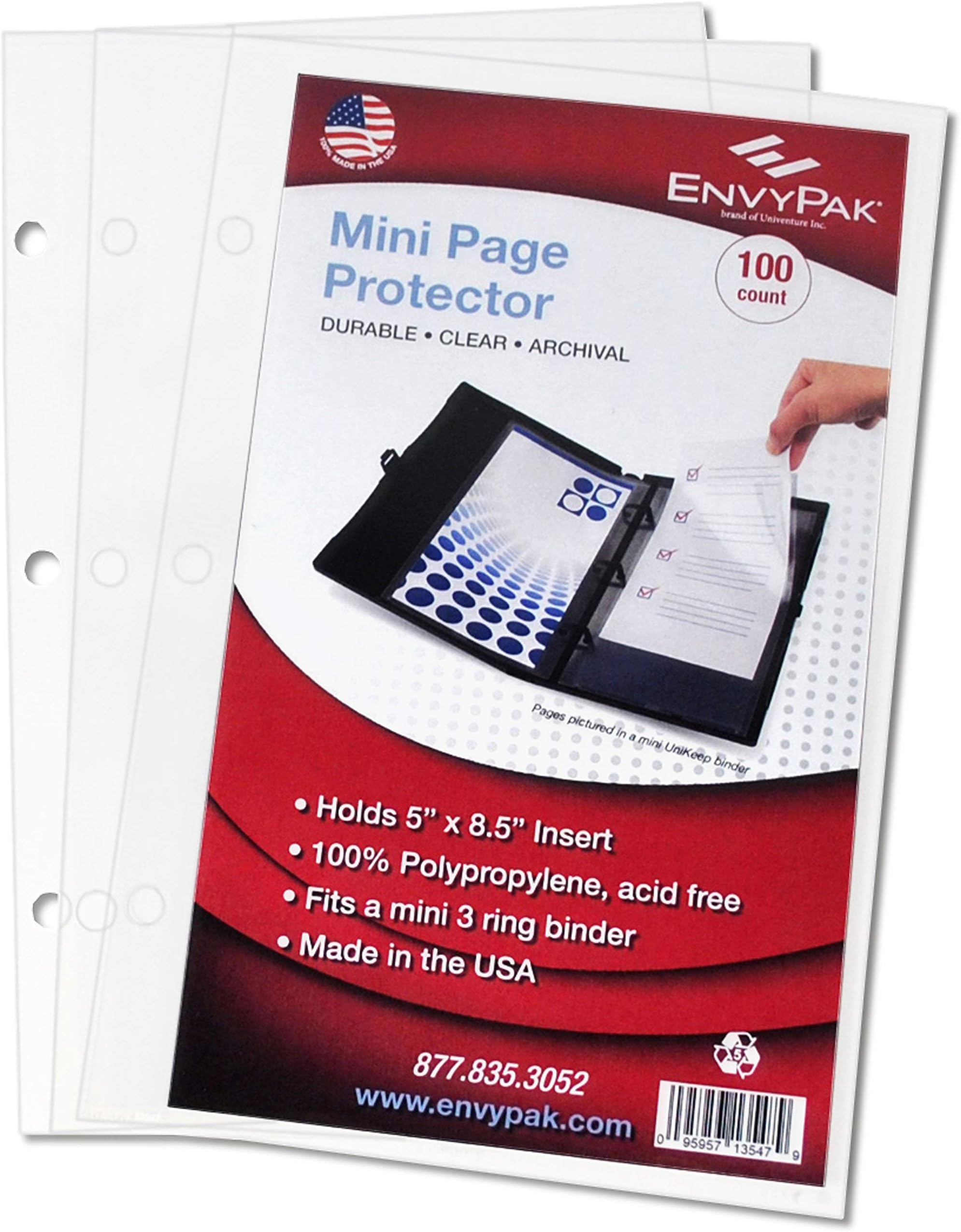 EnvyPakMini Binder Page Protector - Holds 5 x 8.5 Inch Sheets - 3 Hole Punched - Pack of 100 Protectors