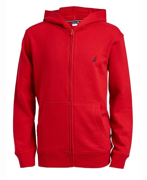 Nautica Boys' School Uniform Polar Fleece Zip-Up Hoodie, Open Red, Medium(5)