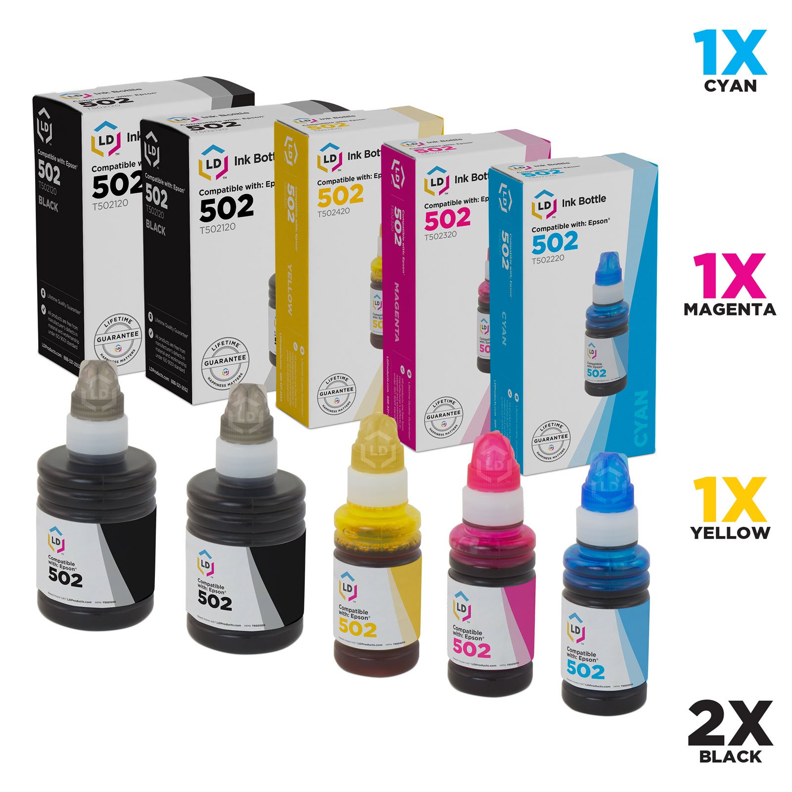 LD Compatible Ink Bottle Replacement for Epson 502 (2 Black, 1 Cyan, 1