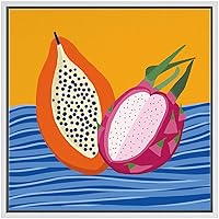 SIGNWIN Framed Canvas Wall Art Orange Papaya and Pink Dragon Fruit with Yellow abd Blue Background Fruit Citrus Illustrations Pop Art Modern Fun Neon for Living Room, Bedroom, Office - 16x16 inches