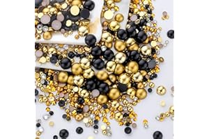 MYYKO 60g Gold Black Pearls Rhinestones for Crafts Mixed Size 3mm-10mm AB Color Round Half Pearls Flatback Pearl Beads and Resin Rhinestones Set for Face Art with Glue