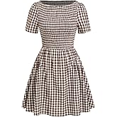 CIDER Gingham Dress for Women Plaid Smocked Boat Neck Short Sleeve Casual Mini Dress Summer Elegant Sundress with Pockets