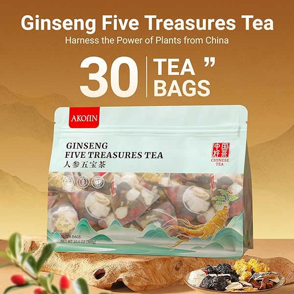 GINSENG FIVE TREASURES TEA – 30 BAGS, CAFFEINE-FREE, PURE HERBAL BLEND WITH 8 TRADITIONAL CHINESE HERBS KIDNEY TEA, GENTLE ENERGY & FOCUS FOR MEN AND WOMEN