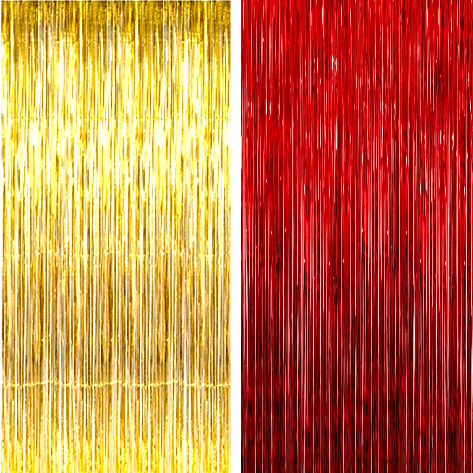 AILEXI 2 Pack 3ft*8ft Party Supplies Foil Fringe Shimmer Curtains, Door Window Decorations Streamers or Wall Backdrop Tinsels - Red Gold