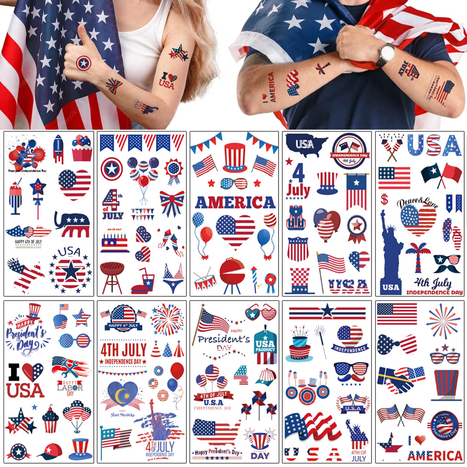 Photo 1 of 10 Sheets American flag Independence Day Temporary Tattoo Stickers For July 4th Parades And Celebrations, Easy to Use and Removal