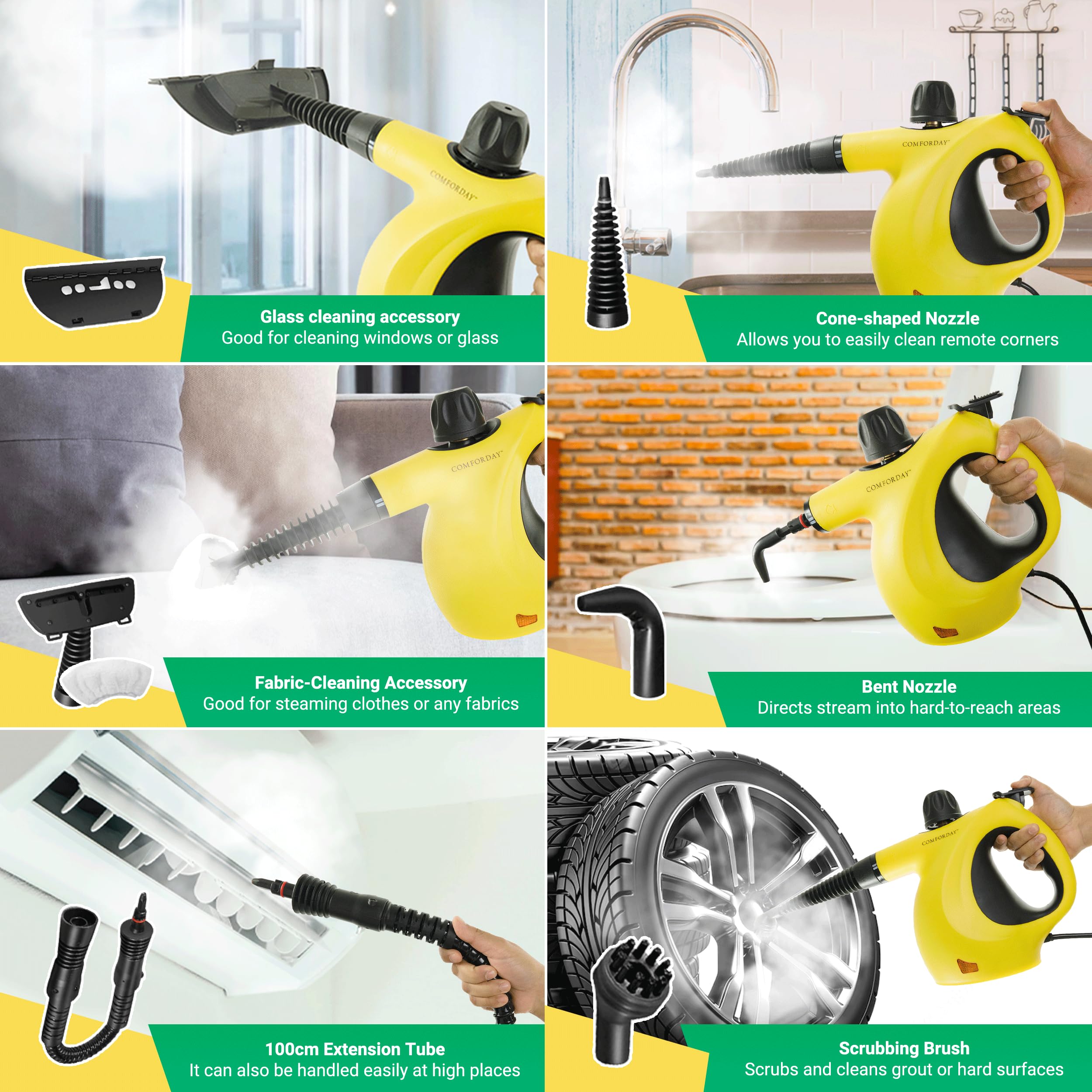 Comforday Multi-Purpose Steam Cleaner with 9-Piece Accessories, Perfect for Stain Removal, Curtains, Car Seats, Floor, Bathroom, (Yellow)