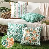 Phantoscope Pack of 4 Outdoor Pillows Waterproof Boho Geometric Outdoor Throw Pillow Covers, Decorative Floral Patio Pillows Square Cushion Case for Couch Tent Sunbrella, Turquoise/Orange 18x18 Inches