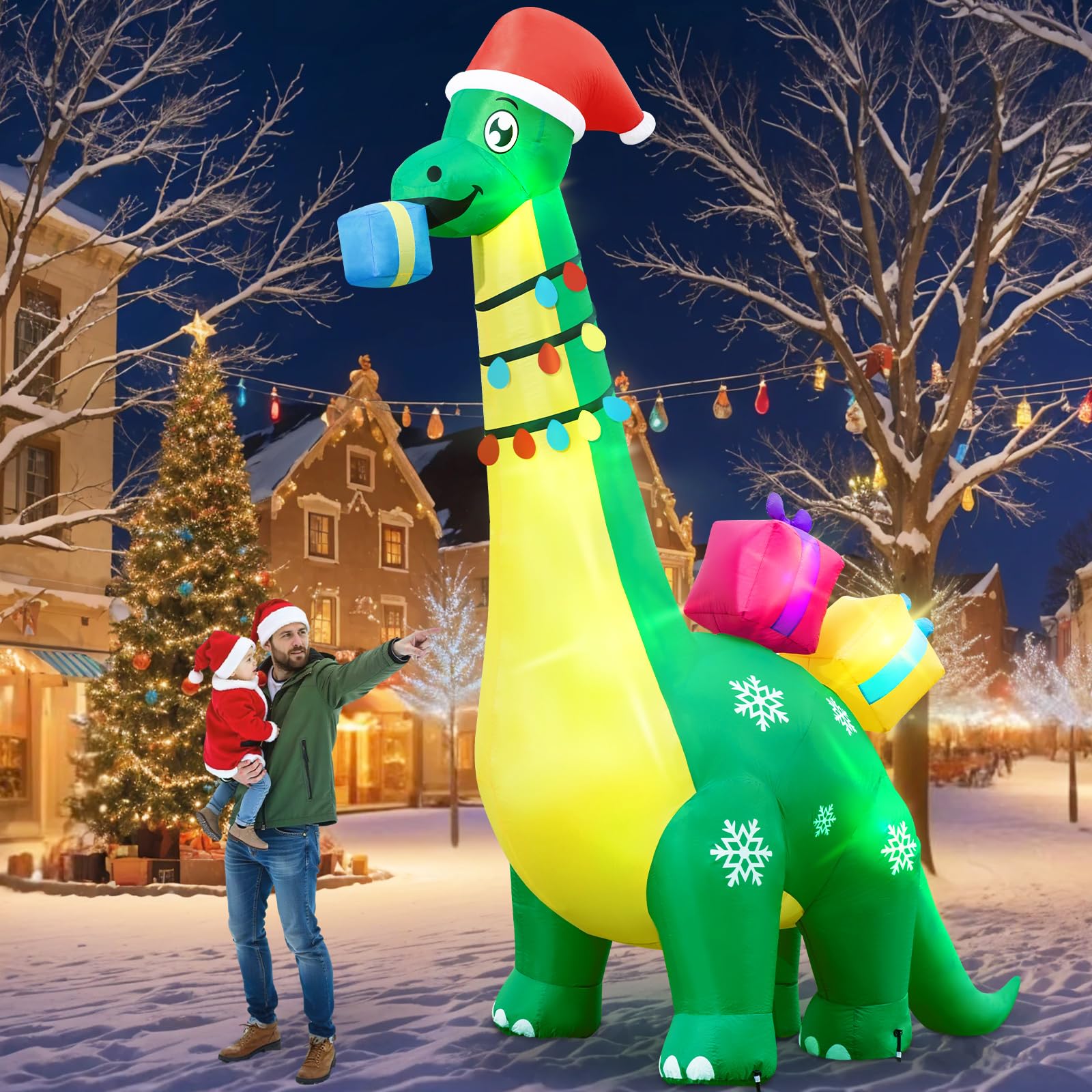 Photo 1 of 13 FT Giant Inflatable Dinosaur Outdoor Decoration, Blow Up Yard Dinosaur with Santa Hat Gift Box, Build-in LEDs Xmas Holiday Decorations for Outdoor Party Garden Lawn Decoration