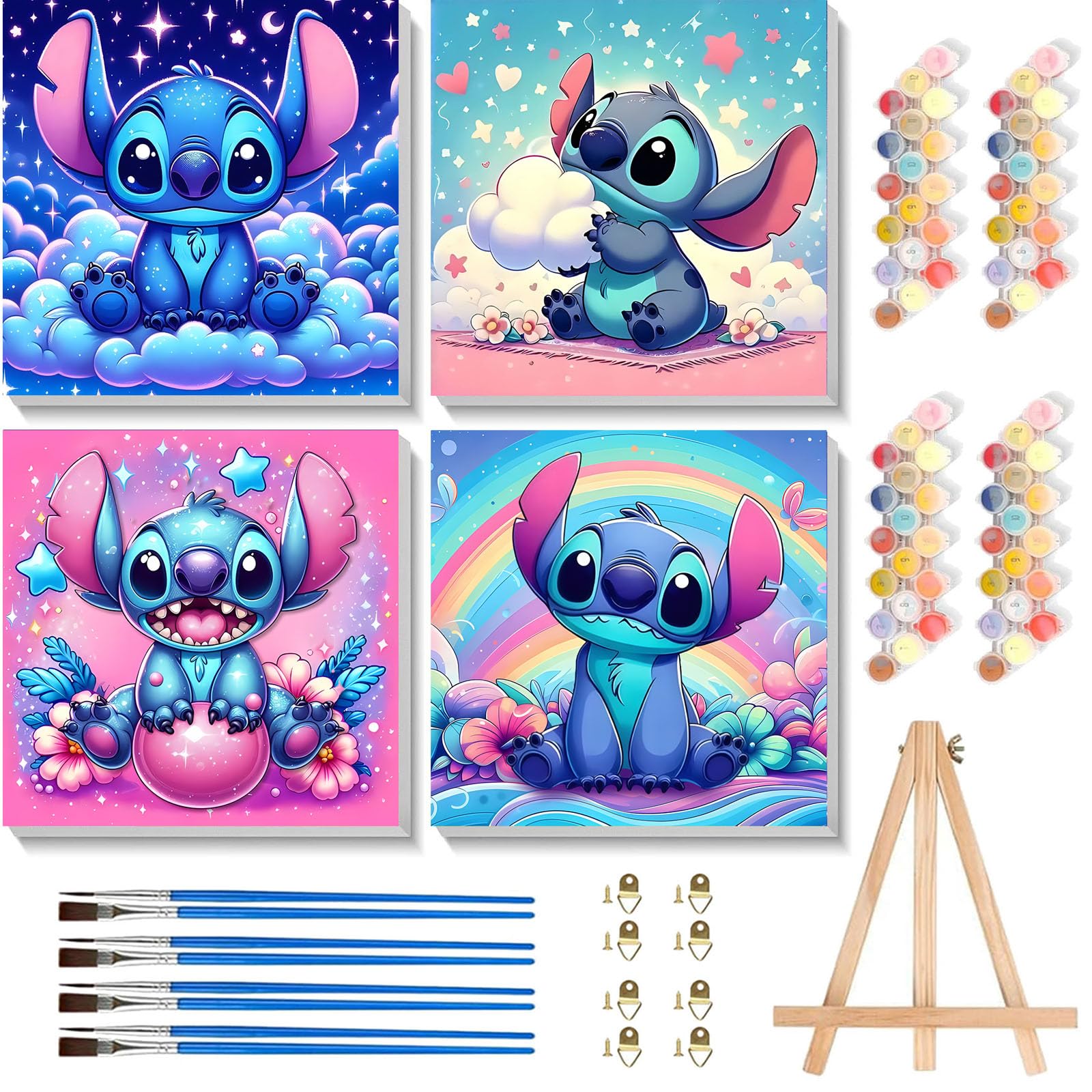 4 Pack Cartoon Paint by Numbers for Kids with Framed Canvas-with Wooden Easel, Paint by Number for Kids Ages 4-8-12, DIY Easy Acrylic Oil Painting Kits for Home Wall Decor (8X8inch)
