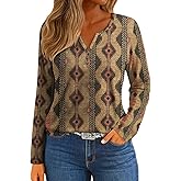 IWOLLENCE Womens Long Sleeve Aztec Western T Shirts Vintage Geometry Graphic Henley Tops Casual Button Down Blouse