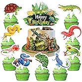 Reptile Animal Cake Topper Picks, 25 PCS Reptile Swamp Lizard Cupcake Toppers Cake Decorations Safari Wild Themed Birthday Party Supplies Favors Decor Centerpiece Table for Boys Girls Carnival Prizes