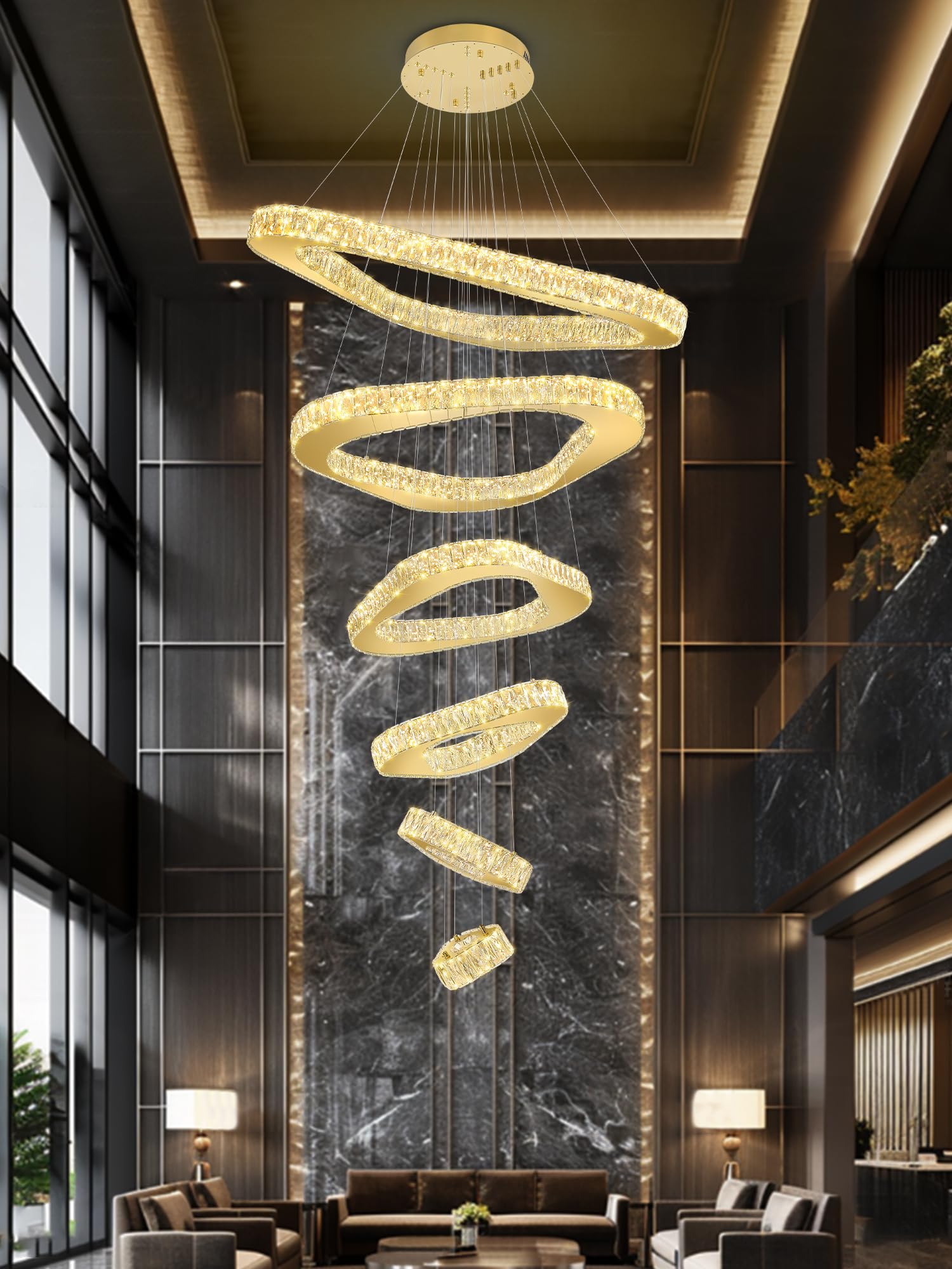 Photo 1 of **TWO GLASS PIECES BROKEN**Shial Lighting Modern Crystal Chandeliers for High Ceiling 6 Ring Chandelier LED Gold Ceilings Lights Fixtures High Ceiling Chandelier for Foyer Staircase Living Room Dining Room 2700K-6000K