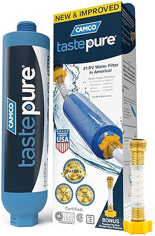 Automotive - Camco Tastepure RV Water Filter - Advanced RV Inline Water Filter with Flexible Hose Protector - GAC & KDF Filtration - Made in USA - Camping Essentials for Fresh Drinking Water (40043)