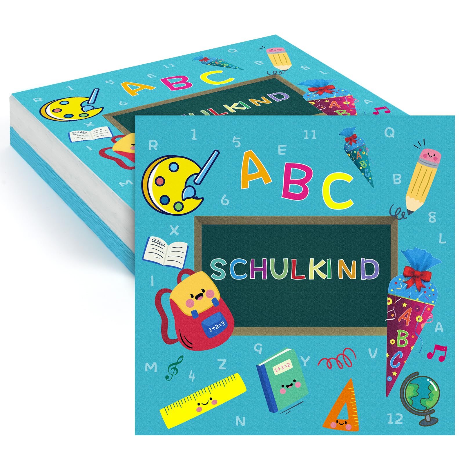 20 Napkins for First Day of School Decoration with School Child Colourful ABC Sugar Bag 1 + 2 = 3 Board Backpack Motif School Introduction Party Tableware Table Decoration for School Boys Girls