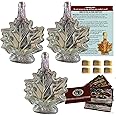 Maple Tapper Glass Maple Syrup Bottles Jars (Set of 3) with (6) Self-Sealing Caps – Reusable Leaf Shaped, Food Grade Canning Bottles 250 ml, 8.4 oz for Sugarmaking & 5 Recipe Cards, Instructions