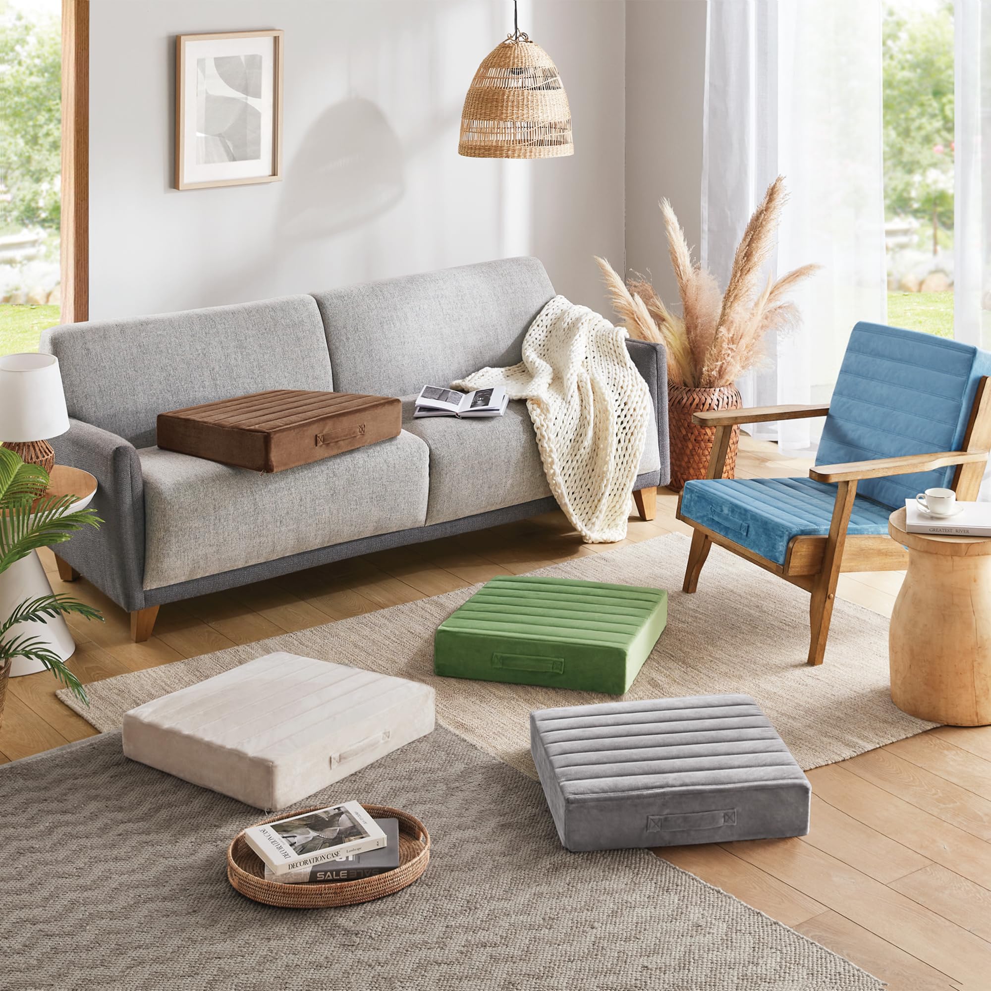 Codi High Density Foam Floor Pillow 2 Sets, Large Meditation Cushions Seating for Adults and Yoga Sitting, Washable Thick Couch Cushion with Soft Tufted Covers - 22 * 22 * 5inch Green - Image 7