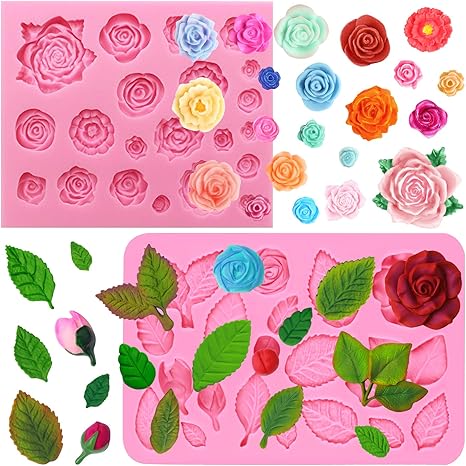 Amazon Funshowcase シリコンモールド ソフト型 花 葉っぱ 21個取りと19個取りの二枚セット 3d バラ ローズ フラワー 製菓 フォンダン チョコレート 樹脂 粘土 石鹸 石膏 キャンドル 飴 チョコレート型 オンライン通販