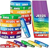 Humyoun 30 Sets/ 60 Pcs Spanish Jesus Loves Me Silicone Wristbands with Jesus Me Ama Card Christian Religious Bible Verse Rubber Bracelets Valentines Christmas Favors Gift for VBS Sunday School Church