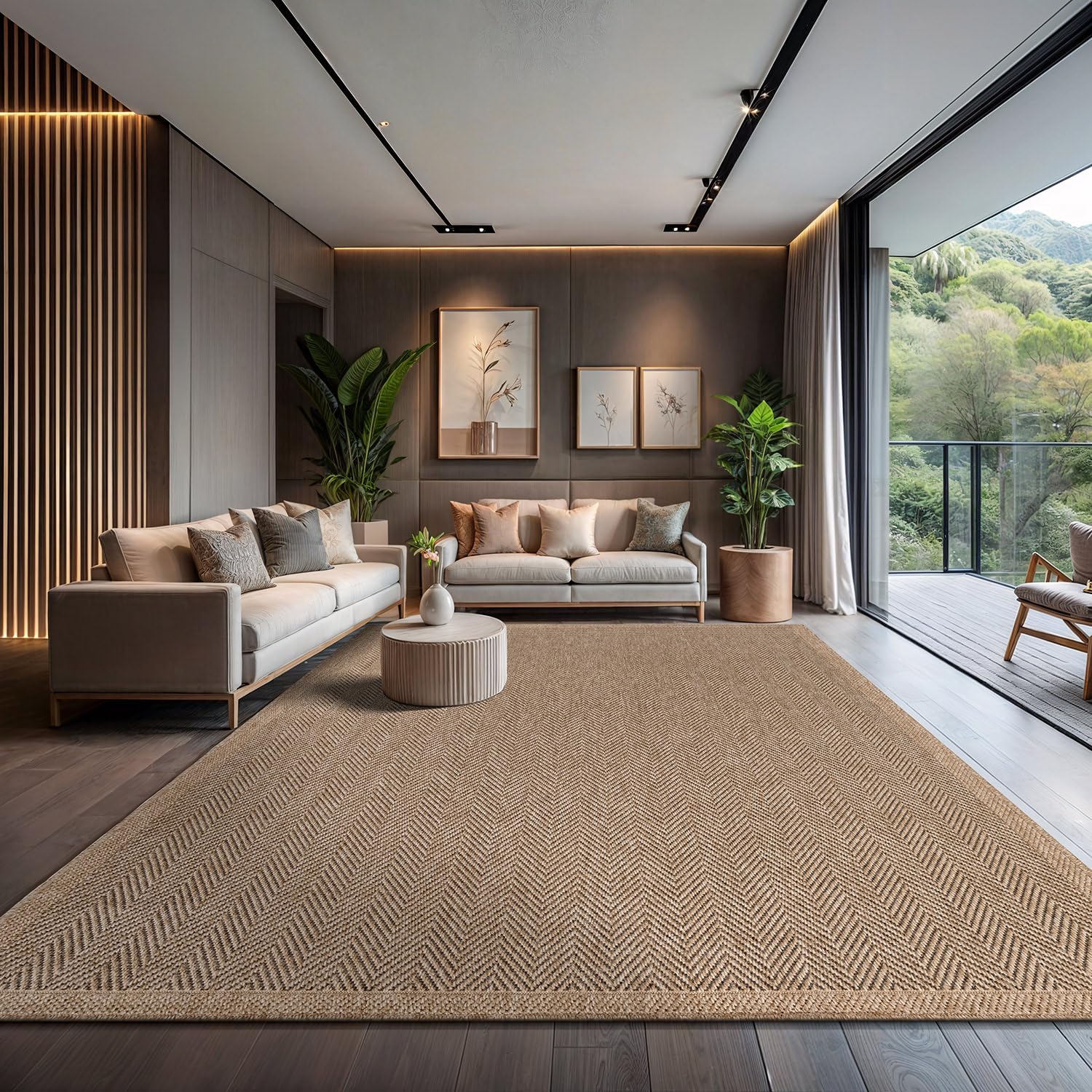 CAMILSON Easy Jute Rug 10x14, Indoor Outdoor Natural Color Fiber Area Rugs for Living Room Patio and Kitchen Rug Herringbone Woven Design Easy-Cleaning Washable Outside Carpet Alfombras 10 x 14
