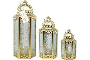 VELA Lanterns Moroccan Candle Lanterns Decorative Set of 3 for Floor, Ramadan Decorations, Indoor Home Decor, Outdoor Patio or Porch, Weddings, Gold