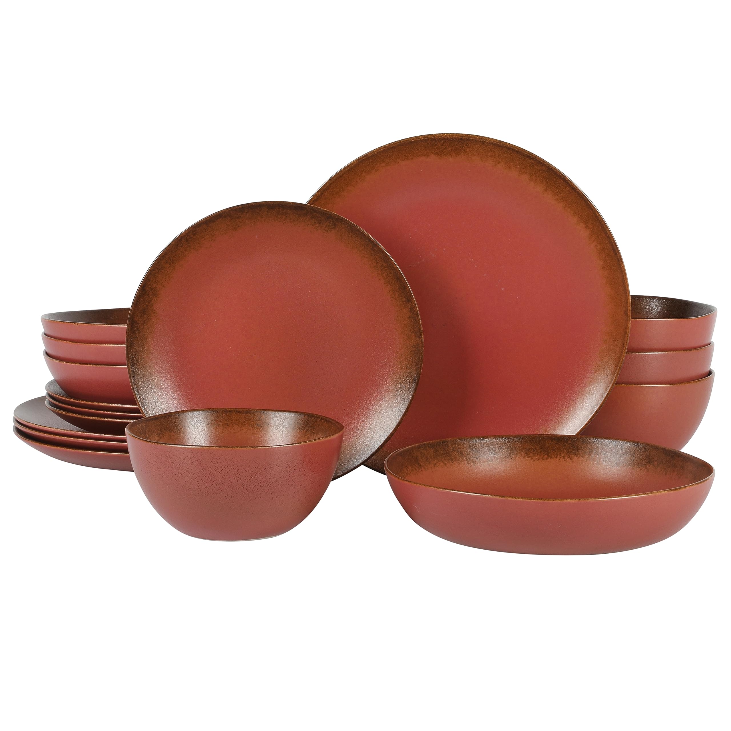 Bloomhouse - Two Time Oprah's Favorite Things Winner - Palermo Sun Double Bowl Stoneware Reactive Glaze Plates and Bowls Dinnerware Set - Paprika Red, Service for Four (16pcs) Image