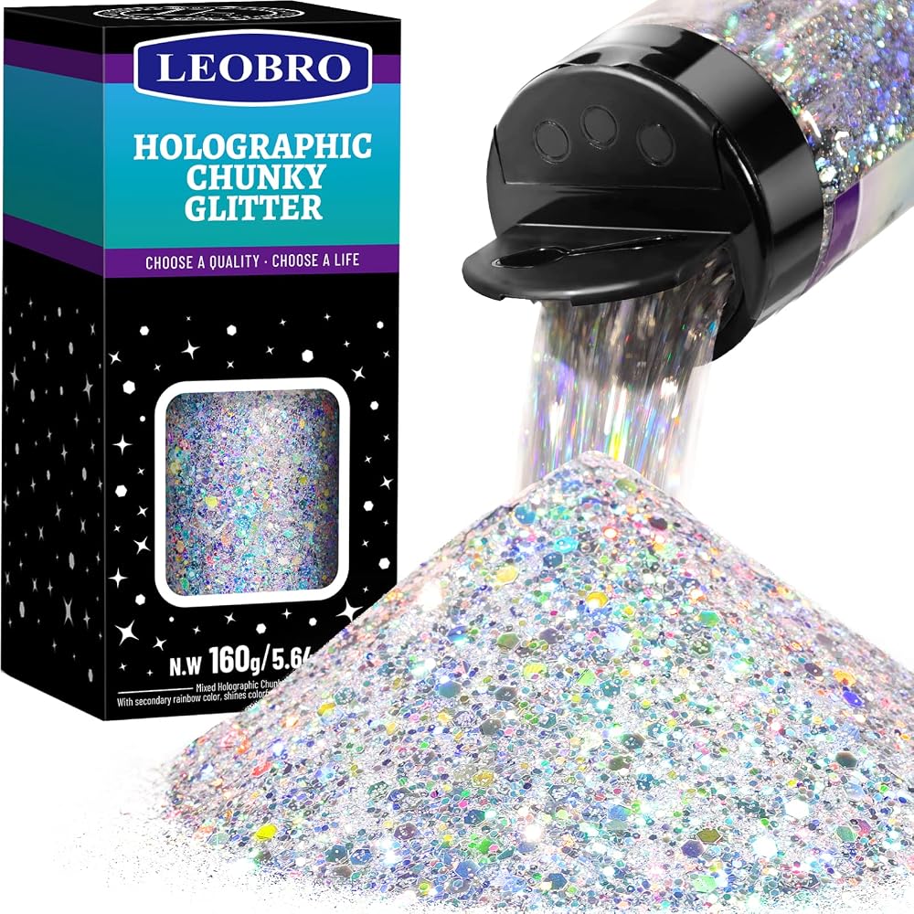 LEOBRO Silver Chunky Glitter 160G Resin Cosmetic Flakes Sequins