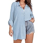 SCOMCHIC Women Plus Size Button Down Shirts Long Roll Up Sleeve V Neck Collared Casual Blouses Oversized Shirt Tops