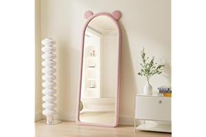ZMYCZ Full Length Mirror, Arched Floor Mirror with Stand, 63"x24" Wall Mirror Full Length, Freestanding Mirror Hanging or Leaning, Large Mirror with Flannel Frame, Body Mirror for Bedroom (Ear Pink)