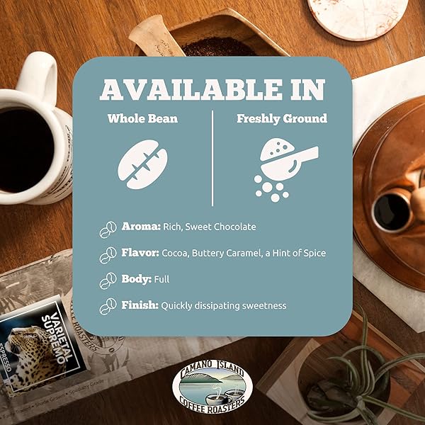 CAMANO ISLAND COFFEE ROASTERS VARIETAL SUPREMO ESPRESSO BLEND, GROUND 2LB, FRESH DARK ROAST, USDA ORGANIC, FAIRLY TRADED, SHADE GROWN ARABICA, CHOCOLATE, CARAMEL, HINT OF SPICE FLAVOR PROFILE