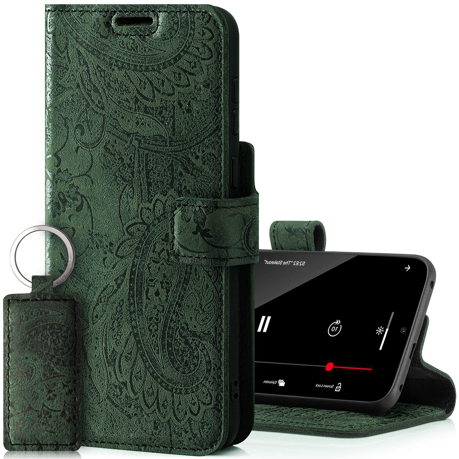 SURAZO Prestige Leather Case for Apple iPhone 13 Pro Max - RFID Wallet Flip Cover with 3 Card Slots & Cash Pocket - Secure Magnetic Closure & Kickstand - Real Leather Folio Bumper (Ornament Green) — image 1