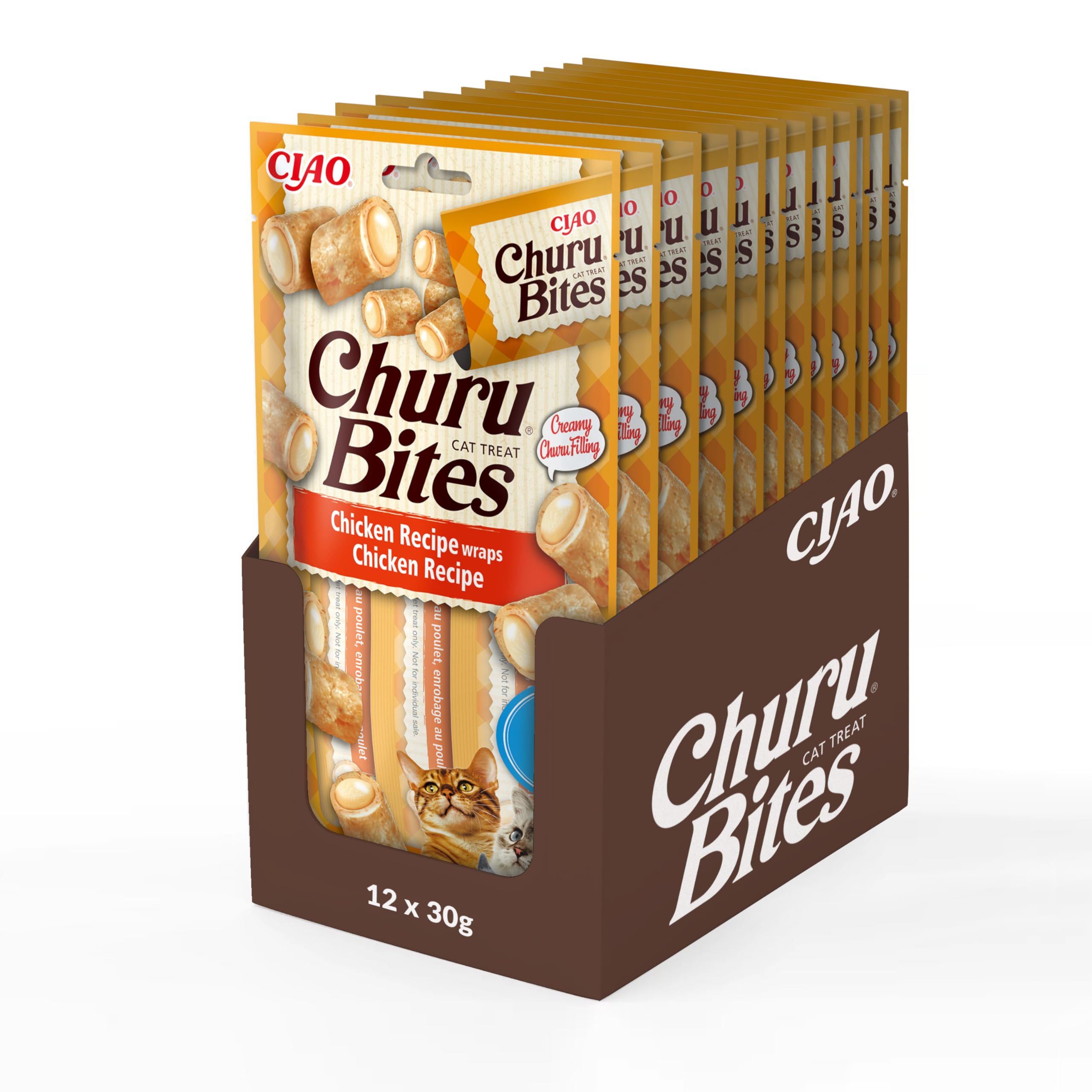 Ciao Churu Bites by INABA Cat Treat - Chicken Flavour 12 Pack (36 x 10g total) / Crispy Pouches with Creamy Filling Cat Treat, Delicious & Healthy Snack for Cats, Hand Feeding, Natural, Grain Free