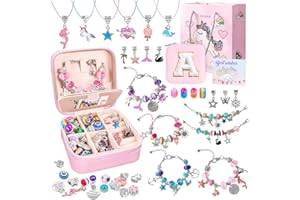 CORALMEE Charm Bracelet Making Kit for Girls - Kids Jewelry Making Kit 77pcs DIY Charm Bracelet Necklace Kit for Girls Ages 3-12 Unicorn Crafts Birthday Easter Gifts With Initial Jewelry Organizer Box - A
