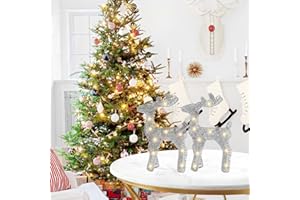 ECOHDT 2 Pcs Glitter Reindeer Christmas Decorations Indoor - Lighted Xmas Ornaments- Holiday Party Deer Figurine Statues Dinner Tabletop Kitchen Mantle Shelf Desk Winter Decor- Sliver
