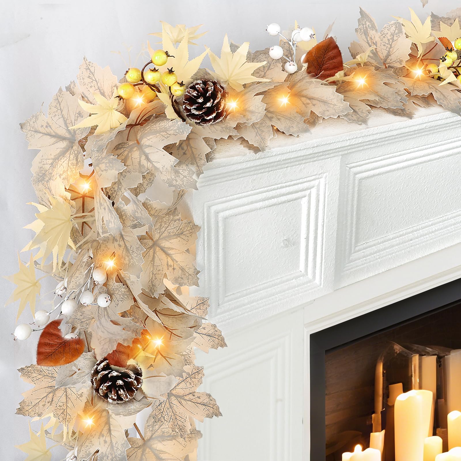 Photo 1 of Timer - Fall Garland Fall Decorations for Home, 6Ft Pre-Lit Real Touch Maples Leaf Garland Fall Decor Berries Pine Cones 20 LED Battery Operated Autumn Thanksgiving Halloween Decorations Indoor