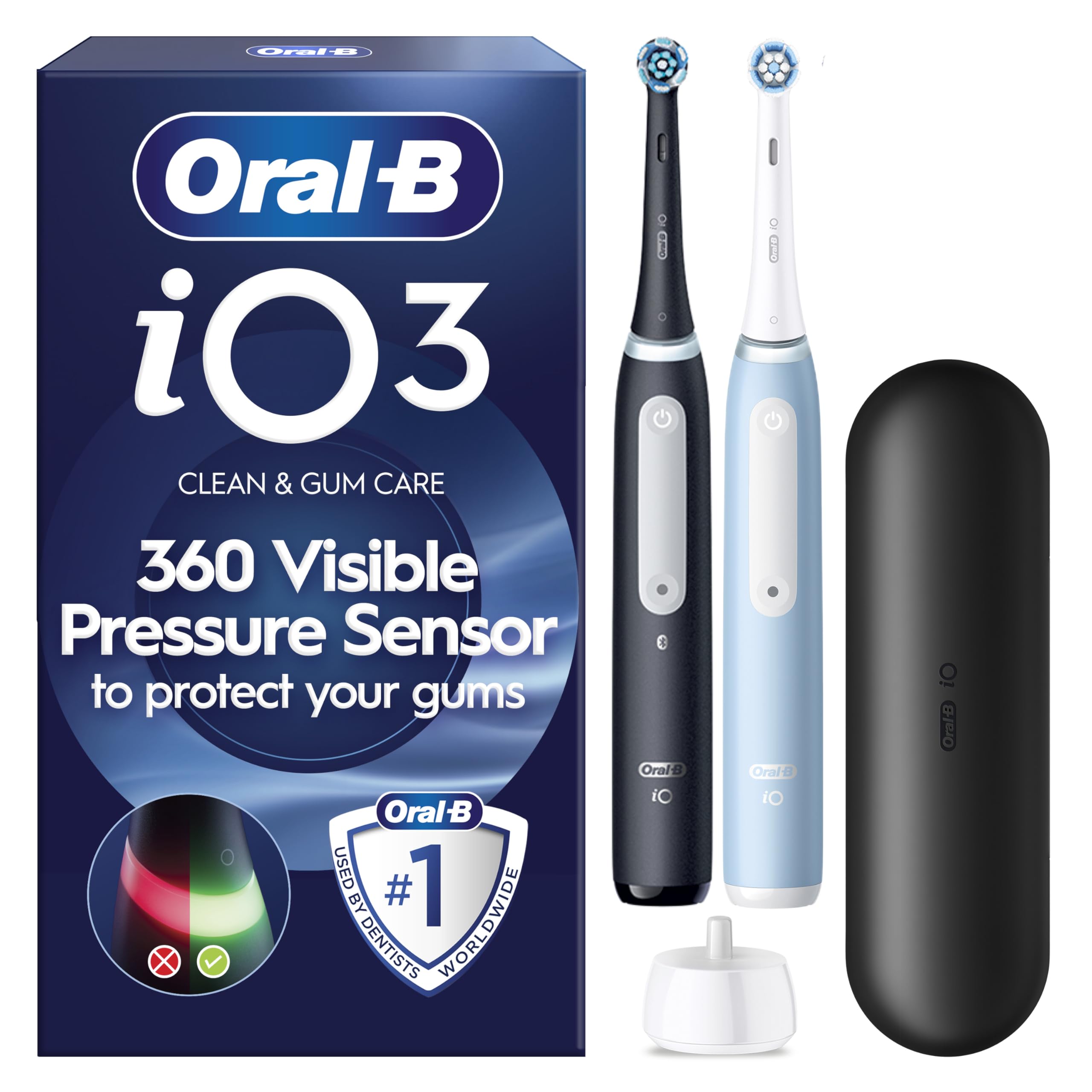 Oral-B iO3 2X Electric Toothbrushes For Adults, Gifts For Her / Him, 2 Toothbrush Heads and 1 Travel Case, 3 Modes With Teeth Whitening, 2 Pin Plug, Black and Blue