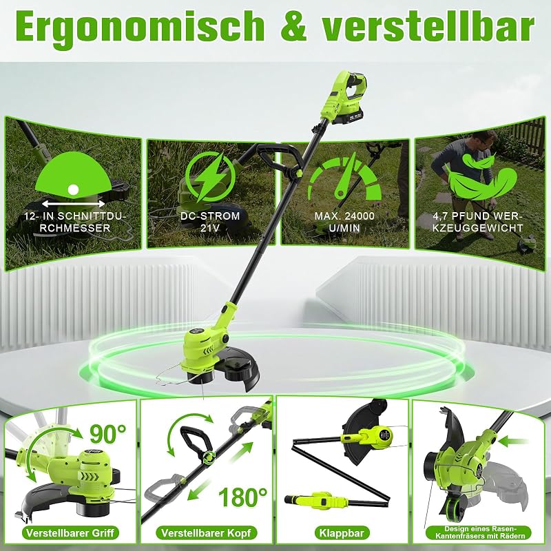 Akku Rasentrimmer 21V, 2-in-1 Rasentrimmer & Kantenschneider, LCD Akkuanzeige, 2×2000mAh Akku, Automatische Fadennachführung, 8 Fadenspulen, für Rasen, Rasenkanten & Gartenwege