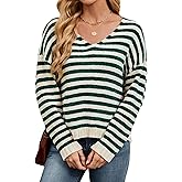 Uyvora V Neck Sweaters for Women Striped Oversized Pullover Sweaters Drop-Shoulder Side Slit Loose Knit Jumper Tops