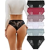 FINETOO 6 Pack Bikini Underwear for Women Sexy Lace Cheeky Panties Low Rise Hipster Cotton Panty