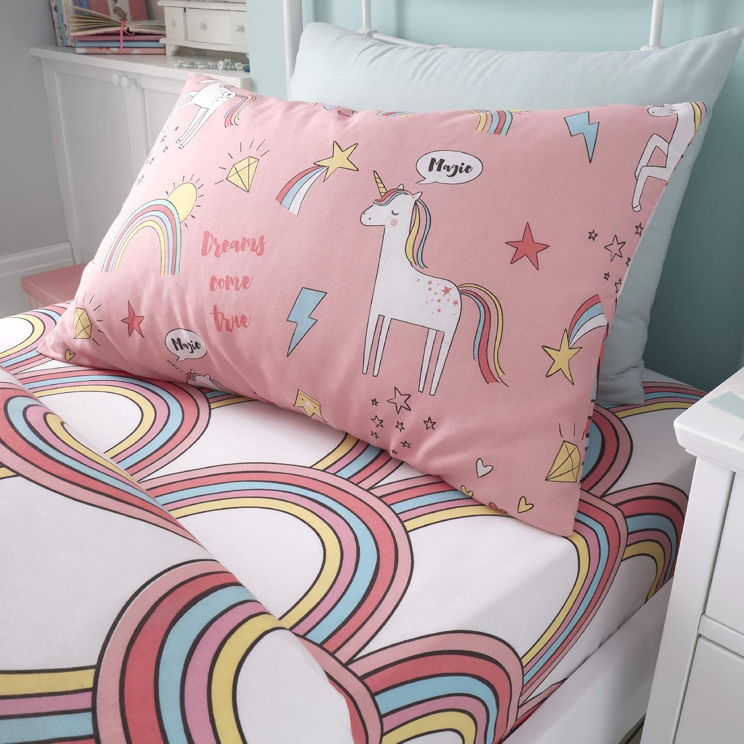 Girls Kids Unicorns Rainbows Pink Single Reversible Duvet Cover Bedding Set - Image 4
