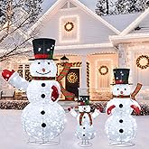 kemooie 3 Pcs 3D Lighted Christmas Snowman Decorations, 4FT+3FT+2FT Collapsible Snowman Outdoor Decorations with 270 LED Lights, Pre-lit Snowman Family Set for Indoor Outdoor Garden Lawn Xmas Decor