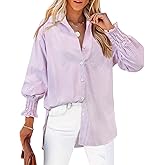 Gleeivy Womens Oversized Button Down Shirts Striped Smocked Cuff Long Sleeve Fall Blouses with Pocket Casual Collar Work Tops