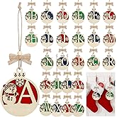 AceOrbit 26 Pcs Christmas Stocking Name Tags DIY Unfinished Personalized Blank Wooden Christmas Letter Initial Tags with Bead Bow Farmhouse Xmas Stocking Hanging Gift Ornaments for Tree Home Decor