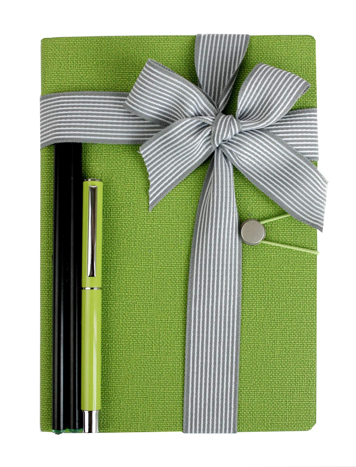Emartbuy A5 Green Notebook Gift Set with Gel Pen and Pencil Textured Journal with Ribbon Hardbound Stationery Gift for Office Study Gifting