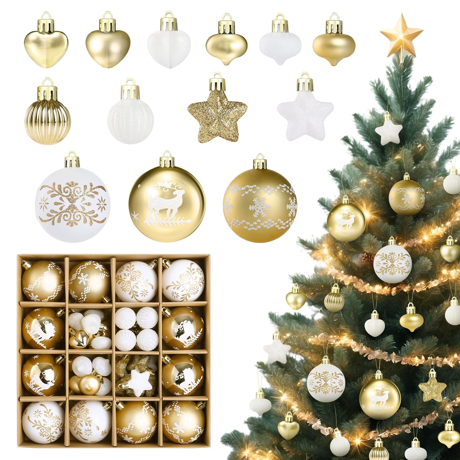 Kesote Christmas Tree Ornaments Balls, Set of 52, Christmas Balls, Large Capacity, Tree Ornaments, Christmas Ornaments, Decoration, Decoration, Flowers, Luxurious, Gorgeous, Stylish, Nordic, White &