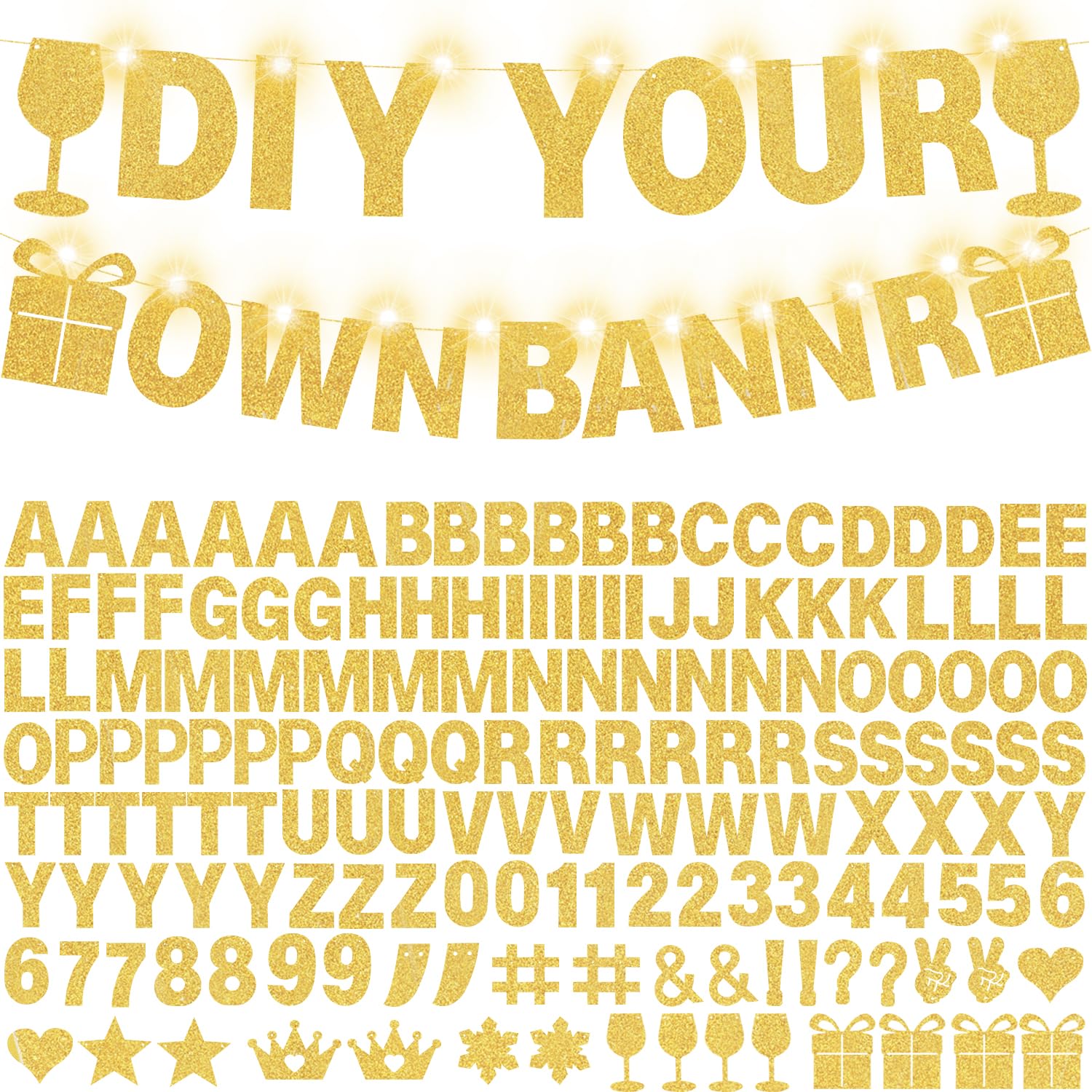 175Pcs DIY Glitter Customizable Banner Kit Custom Banner Happy Birthday Personalized Letter Banners Decor for Christmas Baby Shower Birthday Party Decorations Supplies(Glitter Gold）