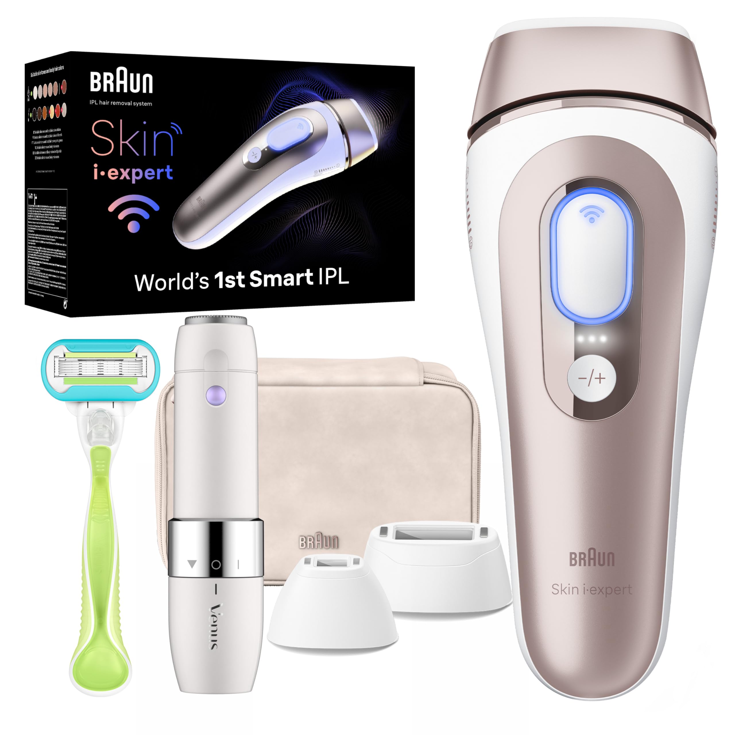 Braun Smart IPL, Skin i·Expert Pro 7: at Home Laser Hair Removal for Women and Men, Permanent Visible Hair Reduction, with Free App, Vanity Case, Venus Razor, 2 Smart Heads, Facial Trimmer, IPL7219